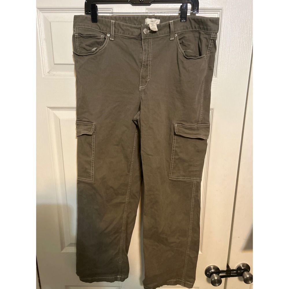 HM‎ Womens Cargo Pants Olive Green Contrast Stitch Utility Straight Leg Size 16